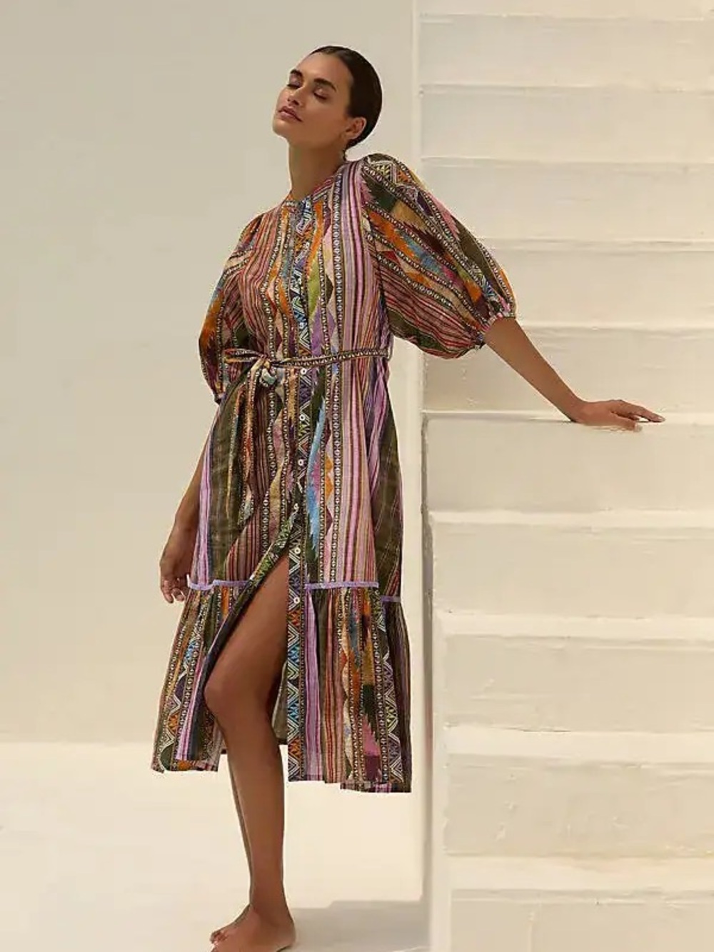 Ro’s Garden Flirty Midi Dress Mixed Media Southwestern Puff Sleeve Women’s M